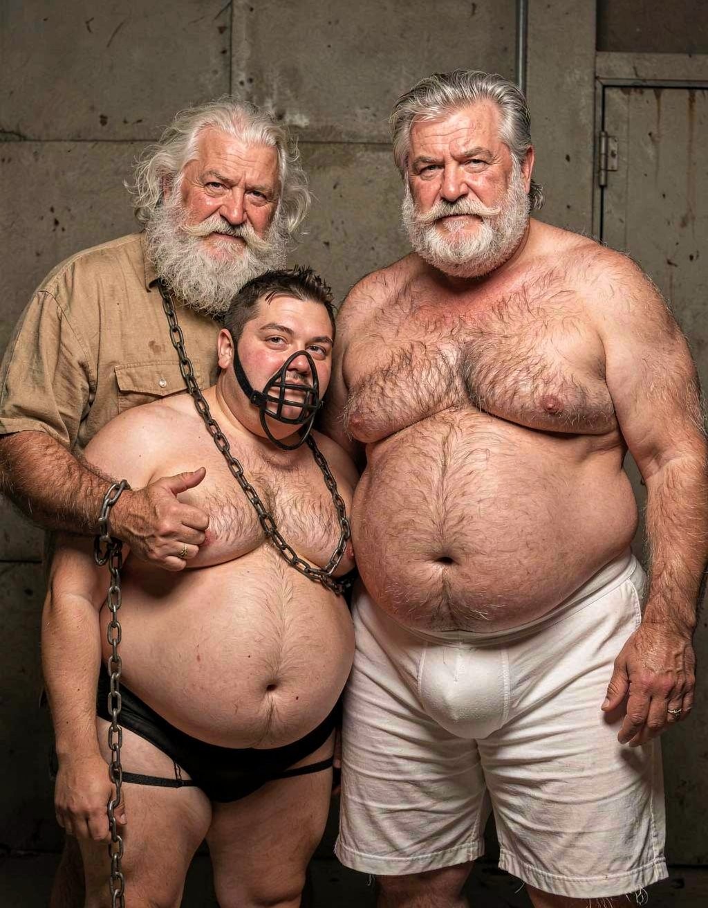 Three men pose standing in an industrial setting with concrete walls and an aged metal door, with a rough basement-like aesthetic. On the left is an older man with a long white beard, an open beige shirt, and a thick chain attached to his wrist; in the center, a short, stocky man is almost naked, wearing a black harness, thong-style underwear, and a leather gag or muzzle in his mouth, while the chain crosses his torso. On the right, another older, heavyset man with a trimmed white beard, a hairy chest, and white shorts looks seriously at the camera. The scene conveys an atmosphere of domination, bondage, and fetish portraiture, with frontal lighting and muted tones.