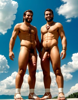 Calígula y Tiberio, desnudos, musculosos y velludos. Tienen penes erectos y testículos peludos. Están sonrientes sobre nubes blancas. Tienen vello abundante en todo el cuerpo. Tienen sandalias en los pies. Están sobre nubes blancas enseñando sus culos perfectos. Tienen el pene erecto y perfecto.