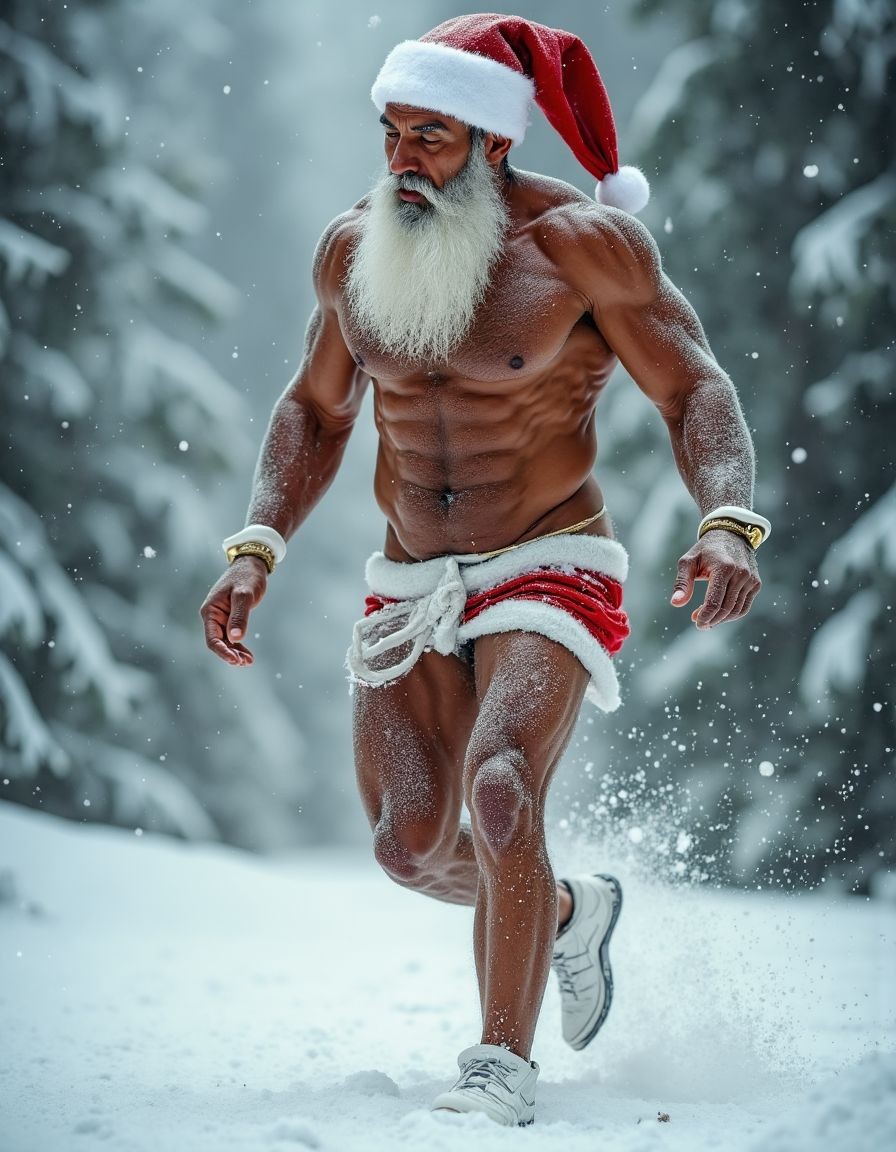 La Navidad. Papá Noel es un hombre de 40 años, atleta, está delgado y tiene músculos marcados y definidos, es muy varonil, tiene barba blanca abundante. Solo tiene el gorro de papá Noel porque está totalmente desnudo enseñando su musculatura de atleta y bronceada, tiene mucho vello blanco que cubre sus músculos pectorales y el abdomen y también en sus piernas. Tiene sandalias blancas en sus pies. Barba abundante blanca de papá Noel. Es el Papá Noel del año 2025, con mucha alegría y mucho sexo gay. Aspecto muy masculino salvaje. Pene erecto de 20cm de longitud y 8cm de diámetro. Abundante vello blanco por todo el cuerpo. Está andando sobre la nieve con sus botas blancas, mientras su pene erecto se balancea entre sus piernas y sus testículos botan 