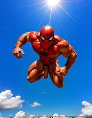 Spiderman velludo musculoso totalmente desnudo volando sobre una nube en el cielo azul. Tiene el pene grande. Tiene los testículos grandes y peludos. Volando.