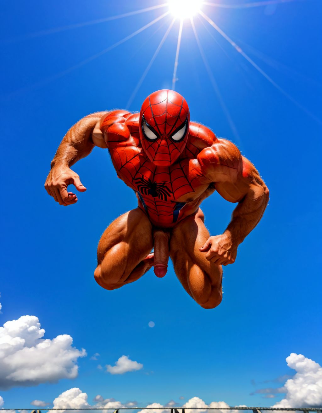 Spiderman velludo musculoso totalmente desnudo volando sobre una nube en el cielo azul. Tiene el pene grande. Tiene los testículos grandes y peludos. Volando.