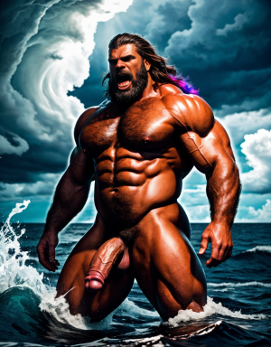 Neptuno es dios de los mares, las tempestades y los vientos. Es un dios malhumorado y violento. Está desnudo. Tiene un pene grande y largo. Tiene mucho vello. Está llamando a gritos a los monstruos del océano.