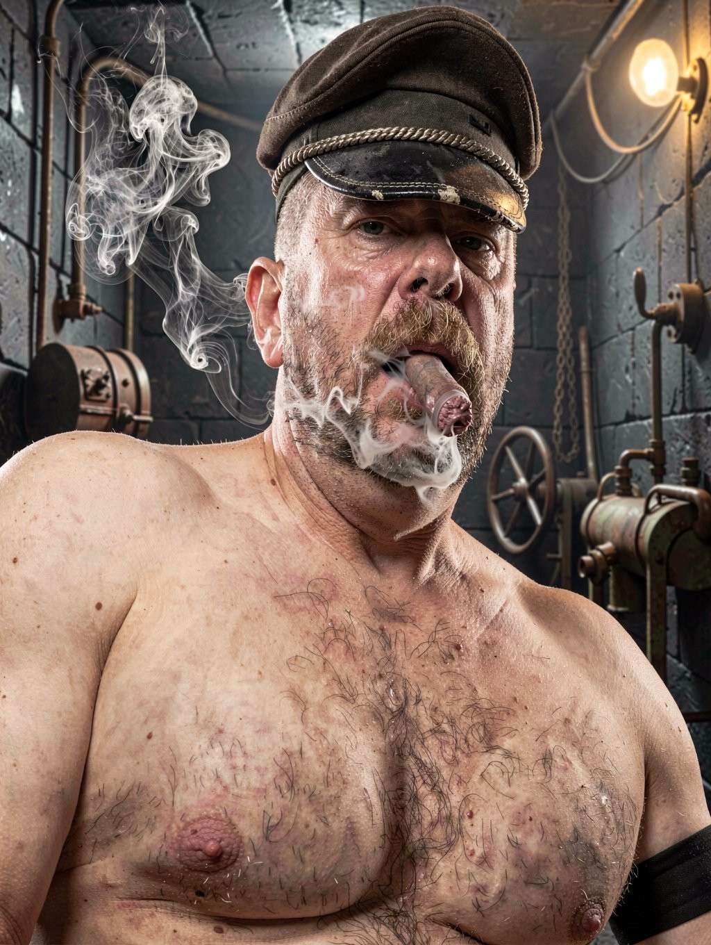 Hombre corpulento y maduro, con el torso desnudo y vello abundante en el pecho, posa en un entorno industrial oscuro con tuberías, cadenas, válvulas metálicas y paredes de azulejo envejecido. Lleva una gorra negra de estilo militar o marinero con visera brillante y una cadena decorativa, mientras sostiene un puro encendido entre los labios; el humo blanco se arremolina alrededor de su cara y asciende hacia la izquierda, creando una atmósfera densa y teatral. Su expresión seria, con bigote espeso y mirada directa, transmite dureza y autoridad. La iluminación cálida de una lámpara lateral resalta el sudor, la textura de la piel y el ambiente de sala de máquinas, taller o espacio steampunk.