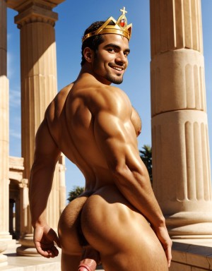 Hombre griego desnudo, sonriente, corona de oro y diamantes Tiene un pene perfecto y grande. Tiene testículos perfectos y peludos y son visibles. Está inclinado, enseñando ano. Está mirando hacia atrás con ojos brillantes. Está entre columnas y estatuas antiguas, sol de tarde. Tiene la piel bronceada, músculos definidos, sensual, apasionado y erótico, con un toque de luz dorada resaltando su anatomía. Tiene testículos grandes perfectos redondos y muy bonitos. Tiene cuerpo perfecto. Está de espalda y enseña su ano perfecto. Enseña su testículos grandes y redondos llenos de vello. Está inclinado para enseñar el ano abierto y sus testículos redondos grandes.