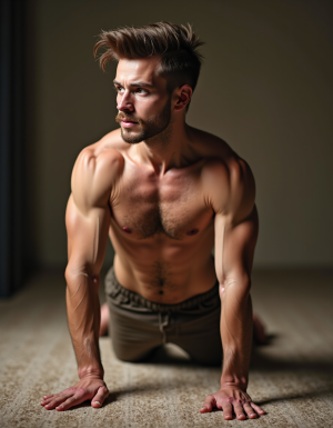 Hombre definido y desnudo esta a cuatro patas y muestra su culo musculado.  