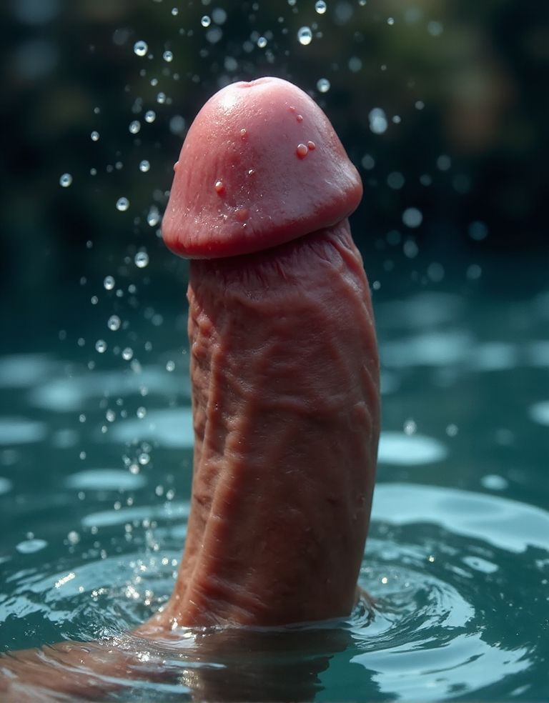 Una polla gorda y erecta sumergida en el agua con sus grandes y hermosos huevos peludos, con gotas de líquido resbalando por la piel húmeda, reflejando la luz de manera hiperrrealista, el fondo es borroso y se enfoca en el pene grueso y largo, con un glande bien definido y un tronco carnoso, la textura de la piel es suave y brillante, el agua que lo rodea es cristalina y transparente, permitiendo ver todos los detalles del miembro viril, la imagen es de alta calidad y muy detallada, con sombras y luces que realzan la forma y el tamaño del pene, (pene:1.5) (agua:1.2) (hiperrrealismo:1.1)