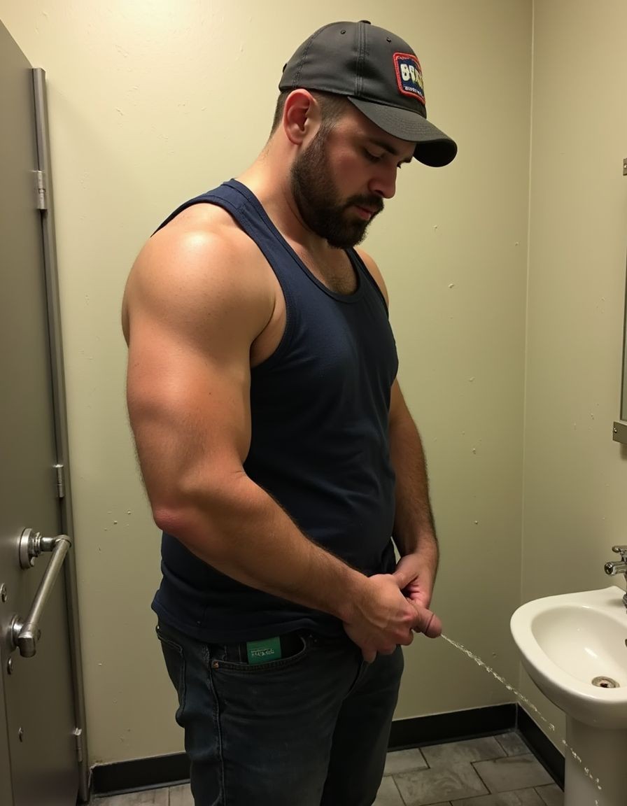A muscular man with a beard and a black cap appears standing in a small bathroom, dressed in a navy blue tank top and dark jeans, looking down while holding his penis outside his pants and urinating into a white sink located to his right. The scene takes place in a restroom with beige walls, a metal door, a grab bar, gray tiled floor, and dim artificial light. His leaning posture and focused expression reinforce the intimate and informal nature of the moment, highlighting his strong arms, broad torso, and the stream of urine directed toward the sink drain.