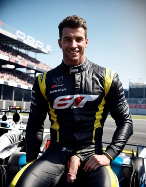 Hombre musculoso semidesnudo, pene visible, torso desnudo, con traje de Fórmula 1 parcialmente quitado, mostrando pecho y abdomen definidos, sentado en un coche de Fórmula 1, casco en mano, sonriendo confiadamente, fondo de boxes con mecánicos, iluminación vibrante, texturas hiperrealistas, foco en la figura masculina y el coche