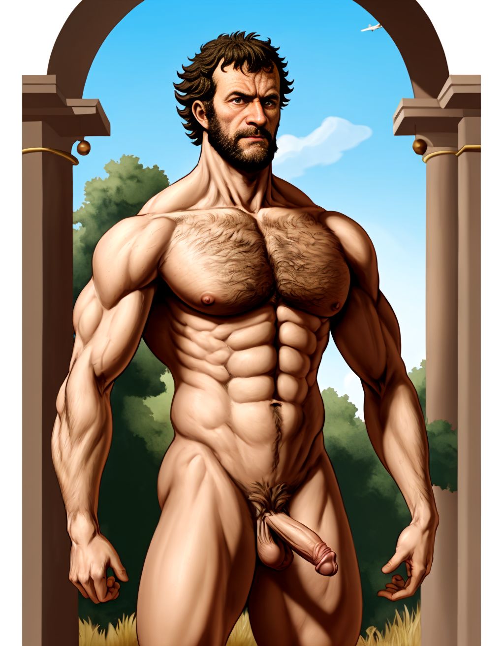 Napoleón Bonaparte desnudo. Tiene el pecho velludo y brazos velludos. Está de pie. Está totalmente desnudo musculoso. Tiene pene grande erecto. Tiene testículos grandes. Tiene mucho vello y pelo. Foto muy realista texturas 8k. Está rodeado de cañones de la época napoleónica.