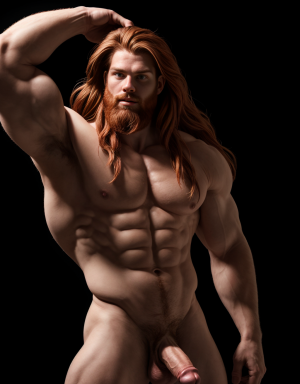 Hombre nórdico de 25 años, cabello rojizo largo, barba tupida trenzada, musculoso y atlético, desnudo, pene visible, posa en fondo negro con iluminación dramática, brazo derecho extendido, brazo izquierdo flexionado, cabeza girada hacia arriba con confianza, sombras profundas acentúan su físico.