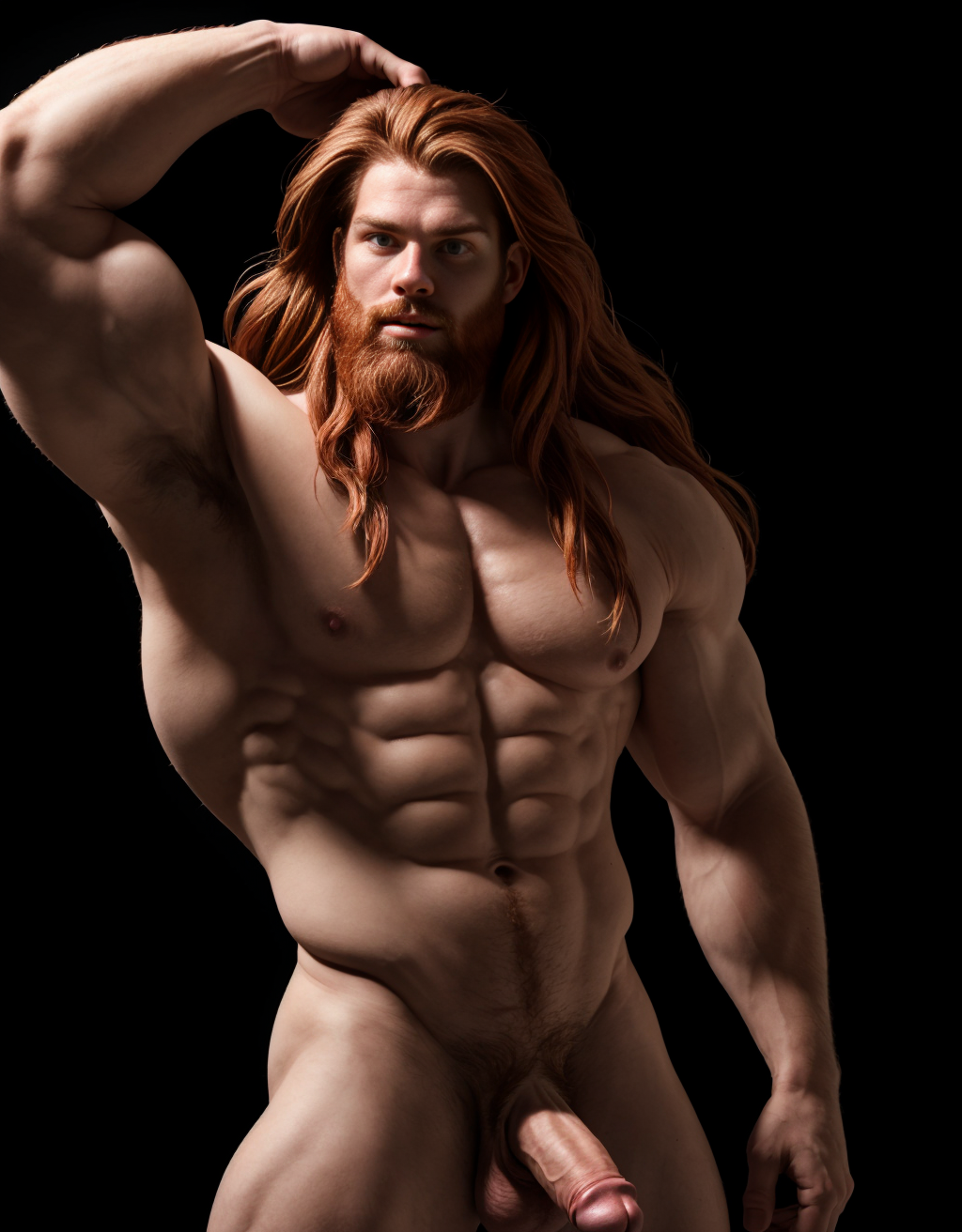 Hombre nórdico de 25 años, cabello rojizo largo, barba tupida trenzada, musculoso y atlético, desnudo, pene visible, posa en fondo negro con iluminación dramática, brazo derecho extendido, brazo izquierdo flexionado, cabeza girada hacia arriba con confianza, sombras profundas acentúan su físico.