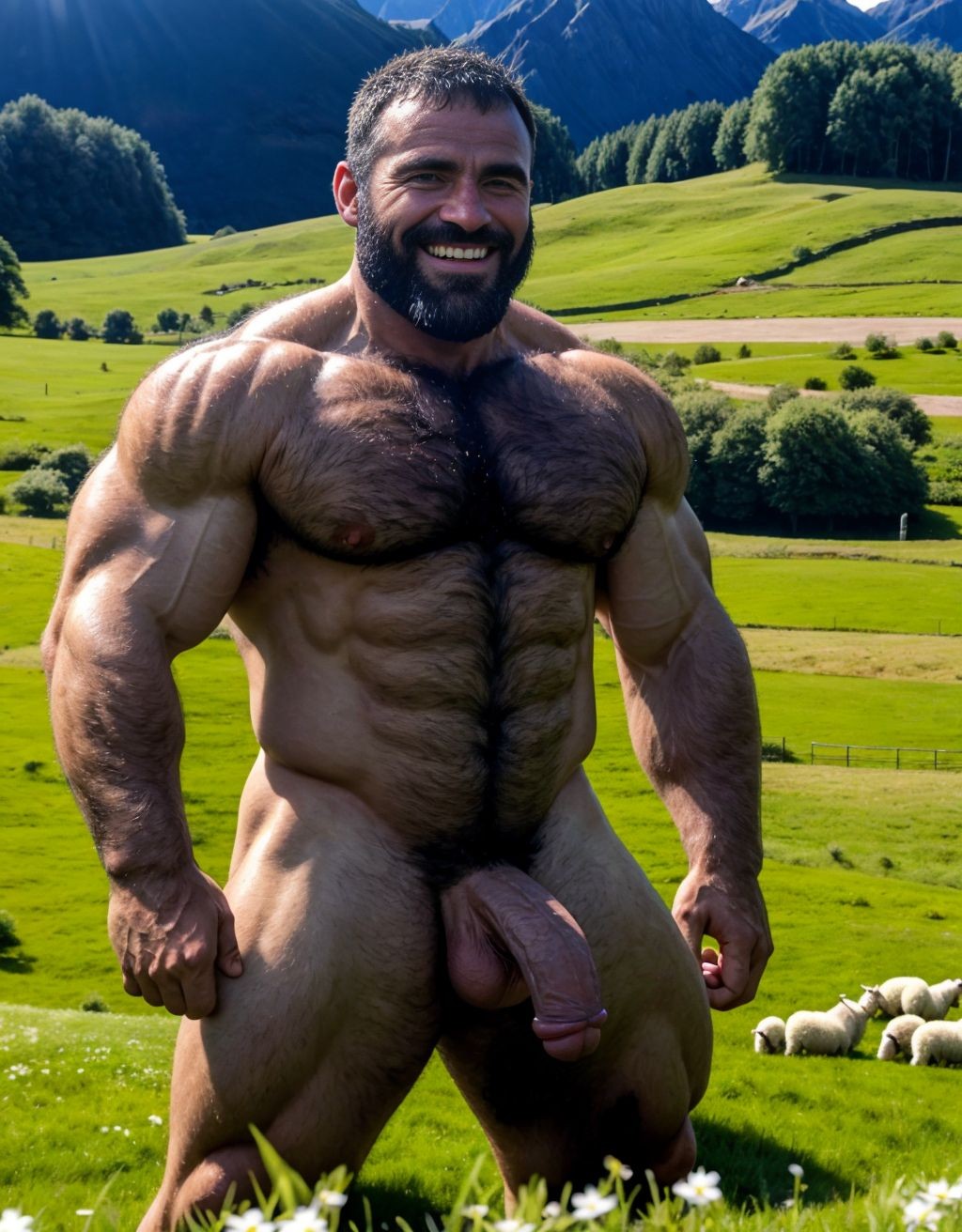 Dos hombres desnudos musculosos velludos están son pastores de ovejas en el prado verde. Están contentos y alegres. Tienen el pene grande de donde sale mucho semen líquido blanco. Tienen los testículos grandes y peludos.