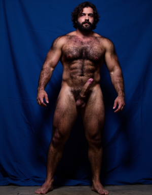 Enomao. Hombre de 35 años, cuerpo completo de pies a cabeza, pose frontal de pie, cuerpo delgado, rostro rudo con mandíbula cuadrada y ceño fruncido, barba abundante negra descuidada de varios días, nariz ancha, cicatriz pequeña en la ceja izquierda, mirada intimidante, pelo negro largo y despeinado, cuello grueso con tendones marcados, hombros anchos y trapecios abultados, pectorales enormes y duros con sombras profundas bajo cada músculo, pezones oscuros rodeados de vello negro denso, vello negro abundante cubriendo todo el pecho extendiéndose hacia el abdomen, abdominales definidos con seis bloques marcados y venas visibles, línea de vello negro desde el ombligo bajando, oblicuos duros con sombras que acentúan cada fibra muscular, brazos con bíceps y tríceps marcados y muy definidos, venas prominentes en los antebrazos, vello negro espeso en antebrazos y dorso de las manos, manos con nudillos anchos y dedos fuertes, piel con suciedad natural como grasa de trabajo y tierra en pecho brazos y piernas, manchas de mugre en los antebrazos y marcas de sudor seco, muslos marcados con cuádriceps separados y definidos cubiertos de vello negro abundante, pantorrillas duras en tensión con vello oscuro, pies descalzos plantados en suelo de hormigón, iluminación lateral dura que proyecta sombras profundas en cada grupo muscular resaltando la masa y la fuerza bruta, ambiente de atmósfera cruda y masculina, fotografía hiperrealista, textura de piel visible con poros y imperfecciones. Tiene un pene erecto masculino de 38,5 cm de longitud y 8,5 cm de diámetro, proporciones perfectas, glande grueso y pronunciado con corona marcada, color rosado oscuro en la cabeza contrastando con el tono bronceado del tronco, venas gruesas y ramificadas recorriendo toda la extensión del falo desde la base hasta el glande, piel tensa y brillante por la erección máxima, prepucio retraído mostrando el frenillo, testículos grandes y pesados colgando en escroto arrugado, cubiertos de vello púbico oscuro y denso, pelo rizado extendiéndose hacia la base del pene, piel escrotal con textura visible y poros definidos, venas visibles en los testículos, posición frontal ligeramente angular, iluminación de estudio con sombras suaves que resaltan cada relieve y textura, fotografía hiperrealista, ultra alta definición 4K, texturas extremadamente detalladas, colores naturales de piel humana, acabado cinematográfico.

El fondo de la imagen es un azul ultramar intenso y profundo, con ondas de tela que ondean como si fueran arrastradas por el viento, creando un movimiento dinámico con la figura. La textura ondulante, similar a la seda, añade una capa de profundidad y sensibilidad a la escena, contrastando con la crudeza y pasión del acto sexual.

La fotografía realista, con genitales anatómicamente correctos y proporciones naturales, sin distorsión, busca capturar la esencia cruda y visceral del momento, sin adornos ni censuras. El enfoque en el punto del pene visible desde un ángulo lateral, busca resaltar la intensidad y la conexión del hombre y su entorno, inmerso en un acto de pasión y deseo. El contenido explícito para adultos es una representación auténtica y sin tapujos de la intimidad y el deseo humano, sin rodeos ni evasivas.