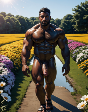 Dos hombres: (Hombre negro desnudo, musculoso, tiene pene negro, tiene testículos negros, tiene sandalias negras, tiene mucho vello negro, tiene pezones grandes largos y puntiagudos, tiene pelo largo rizado negro, está andando por un camino en el campo con flores negras, sale líquido blanco por sus pezones). (Hombre blanco desnudo musculoso, tiene pene blanco, tiene testículos blancos, tiene mucho vello blanco, tiene pelo largo blanco, tiene barba blanca, tiene sandalias blancas, tiene pezones grandes largos y puntiagudos, está andando por un camino en el campo con flores blancas, está totalmente desnudo, sale líquido blanco por sus pezones).