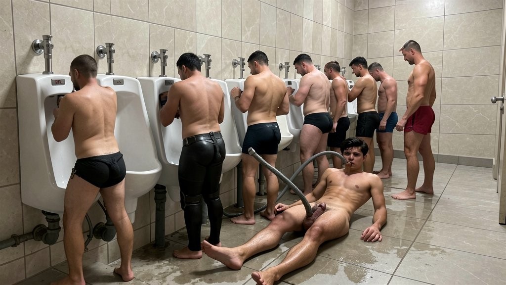 Un grupo de hombres semidesnudos ocupa un baño público de azulejos beige, alineados frente a varios urinarios blancos mientras orinan con la espalda descubierta, vistiendo slips, calzoncillos ajustados o bañadores cortos. El suelo aparece mojado y brillante, con charcos alrededor de los pies descalzos. En primer plano, un hombre en ropa interior color beige está sentado en el suelo, reclinado contra la pared y con las piernas abiertas, mirando hacia la cámara, mientras varias mangueras o tubos metálicos cruzan delante de su cuerpo desde la zona de los urinarios. La escena tiene un tono extraño y provocador, con ambiente de vestuario, baño masculino, desnudez parcial, humedad, cerámica, tuberías visibles y una composición cargada de incomodidad visual.