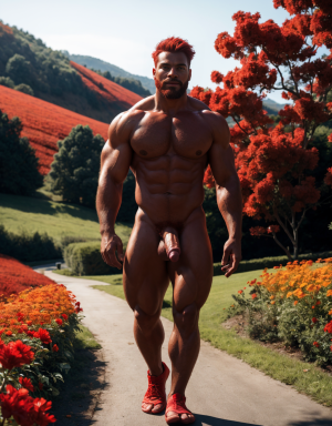 Hombre rojo desnudo musculoso totalmente de color rojo, tiene pene rojo grande erecto, tiene testículos rojos. Tiene sandalias rojas. Tiene mucho vello pelirrojo. Tiene pelo largo pelirrojo. Tiene pezones grandes largos y puntiagudos. Está andando por un camino en el campo con flores rojas y naranjas. Sale líquido por sus pezones. 