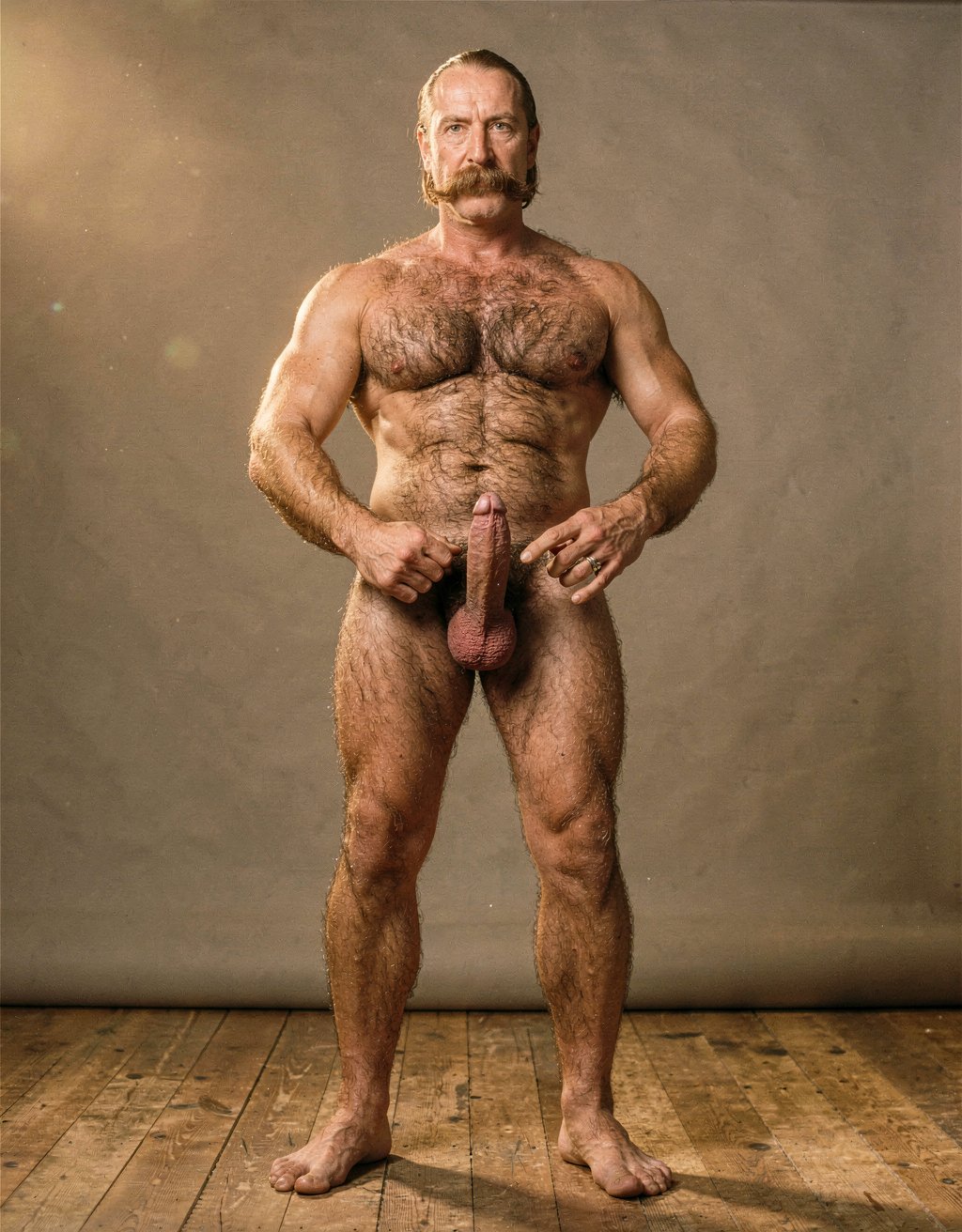 Mike Morris, a powerfully built 32-year-old man with advanced male pattern baldness and a thick dark brown handlebar mustache, stands naked in a warmly lit 1970s studio, his muscular body covered in dense dark brown hair across his broad chest and thick forearms, his erect penis fully exposed and standing long and thick, the prominent glans catching the light, heavy testicles hanging low beneath a dense patch of dark pubic hair. His bare feet are planted firmly on a worn wooden floor, the definition of his calf muscles and quadriceps sharply visible, one hand loosely at his side, the other resting on his hip, his expression intense and direct. Soft golden studio key light from above-left sculpts every detail of his defined pectorals, abdominal six-pack, and the veins running along his forearms and the dorsal side of his erect shaft, with deep shadows under his muscles, the image rendered in ultra-sharp focus with rich warm tones and subtle film grain, capturing the iconic Colt Studio aesthetic at its highest resolution.