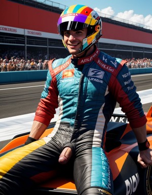 Hombre musculoso semidesnudo, pene visible, torso desnudo, con traje de Fórmula 1 parcialmente quitado, mostrando pecho y abdomen definidos, sentado en un coche de Fórmula 1, casco en mano, sonriendo confiadamente, fondo de boxes con mecánicos, iluminación vibrante, texturas hiperrealistas, foco en la figura masculina y el coche