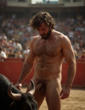 Hombre musculoso y velludo, torero español de 50 años, con un torso musculoso, tiene un pene hermoso perfecto y de tamaño XXL, tiene mucho vello púbico denso y moreno, piel bronceada y sudorosa. Tiene una barba incipiente, mientras su cabello largo castaño oscuro está despeinado y sudoroso, con gotas de sudor que resbalan por su frente y mejillas. Su torso de atleta marcado definido y sus abdominales y pectorales están muy marcados y definidos, tiene un vello corporal muy denso que se extiende desde su pecho hasta sus piernas y hasta sus brazos y espalda.
Tiene un pene muy grueso de 25 cm de longitud con forma perfecta está rodeado de un denso vello púbico castaño oscuro. Tiene dos testículos de grandes dimensiones y perfectamente formados que cuelgan por debajo. Tiene piel bronceada con brillo de sudor y sus músculos están en forma y bien definidos con aspecto delgado pero sobresalen sus pectorales muy marcados sin nada de grasa.
La escena está en una plaza de toros en un ambiente sensual con sombras que resaltan la musculatura y el vello corporal del hombre.
Tiene sandalias en sus pies. Su pene está erecto y enseña sus enormes testículos. A su lado hay un toro. Está saltando para subir sobre el lomo del toro 
