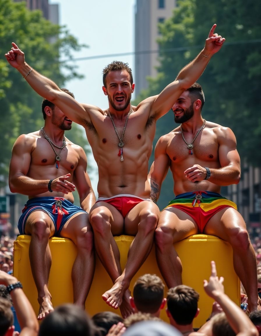 Three muscular shirtless men celebrate on a yellow float during a crowded outdoor parade, probably a Pride march, surrounded by people with raised arms and festive gestures. The man in the center, wearing tight red swim trunks, necklaces, and a short beard, is seated with his legs crossed and both arms raised pointing upward, showing a euphoric and leading attitude. On either side of him, two other men in colorful short swim trunks, one blue with a red drawstring and the other with a rainbow design, smile and talk while showing off defined torsos, bracelets, necklaces, and tattoos. The urban background, with green trees, tall buildings, and intense summer light, reinforces the festive, activist, and energetic atmosphere.