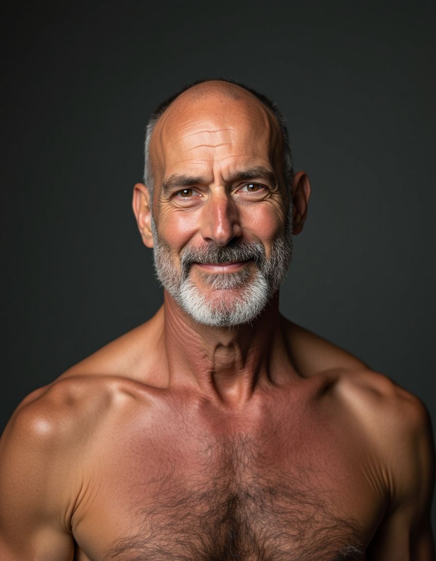 hombre de 60 años, calvo, pecho peludo, sin camisa