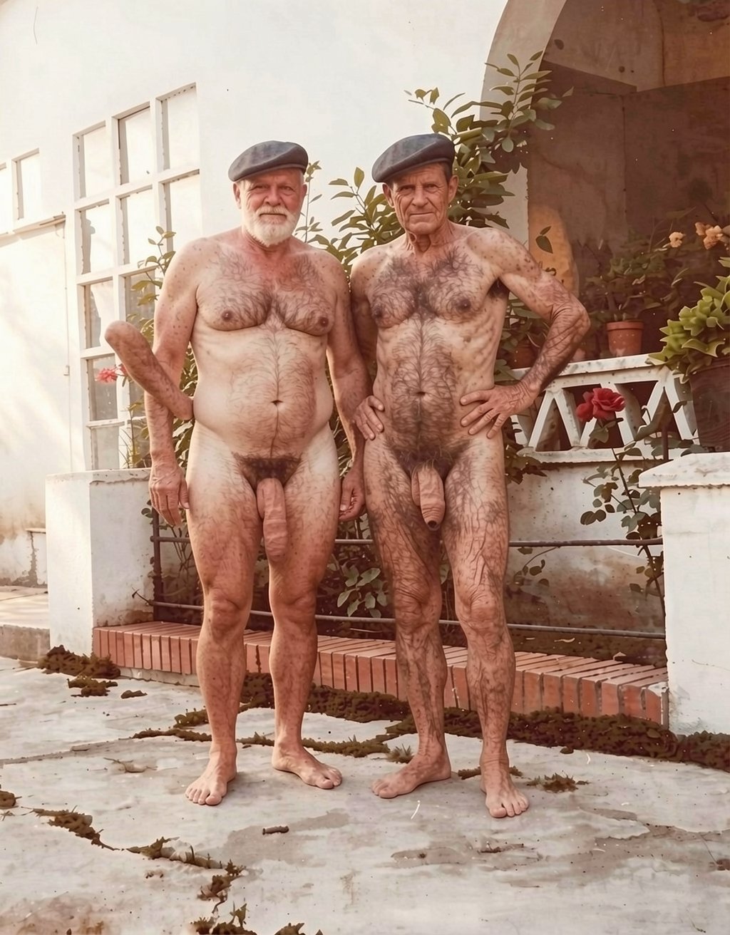 Two older naked men pose standing in an outdoor patio, both wearing dark berets and serious expressions, looking directly at the camera; the one on the left has a white beard, a prominent belly, and moderate body hair, while the one on the right is thinner, with abundant hair on his chest, abdomen, and legs, his hands resting on his waist and his penis visible. They are barefoot on a cement floor with bits of vegetation, in front of a white house with windows, flowerpots, plants, and a decorative railing. In the background, partially hidden behind the man on the left, another naked body appears bent over, of which mainly the leg and buttocks are visible, adding an unexpected detail to the scene of natural nudity and a Mediterranean domestic atmosphere.