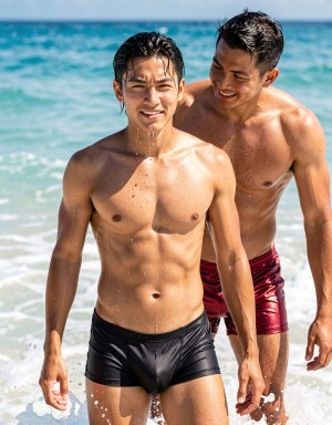 Two young men walk together along the seashore, soaked after coming out of the water, with the turquoise ocean and the foam of the waves in the background. The man in front is wearing tight black swim trunks, has a bare torso, wet hair slicked back, and drops of water running down his face, chest, and defined abdomen as he looks ahead with a serene expression. Behind him, another man smiles and leans slightly toward his companion, also shirtless and wearing bright red swim trunks, creating a summery beach scene, close and relaxed, marked by the intense sunlight, wet skin, splashing water, and a vacation atmosphere by the sea.