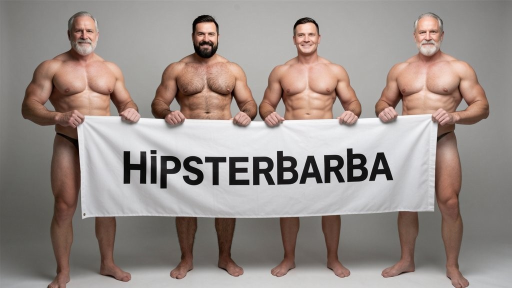 Four naked muscular men holding banner text (Hipsterbarba amor) ultra high quality 8K photorealistic: El Comandante Spanish military leader 45 years short gray hair stern commanding face muscular trained body 185cm 85kg standing far left holding left edge of banner with both hands completely naked massive erect uncircumcised penis 25cm thick veiny shaft visible below banner heavy balls alpha dominant stance, Soldado Bartolo Spanish soldier 35 years thick dark full beard short hair very hairy muscular chest arms legs groin 180cm 80kg standing center-left holding banner completely naked large erect uncircumcised penis 18cm thick visible hairy balls masculine hairy build playful smirk, Superman alien superhero 195cm 100kg perfect bronzed smooth hairless skin short black hair with characteristic curl bright blue eyes massive superhuman muscles standing center-right holding banner completely naked enormous erect penis 23cm steel hard thick shaft visible smooth heavy balls god-like physique confident smile, General Rodolfo Castaños 60 years short gray military hair thick gray mustache experienced muscular body 175cm 75kg standing far right holding right edge of banner completely naked thick erect penis 20cm visible mature heavy balls military bearing knowing expression, all four men standing in horizontal row full body visible head to feet holding between them large white fabric banner at chest level with bold black letters spelling Hipsterbarba ¿follamos? question mark clearly readable professional typography banner stretched tight all four erect penises balls completely visible below banner military office background professional studio lighting 8K photorealistic resolution masterpiece quality inviting expressions.