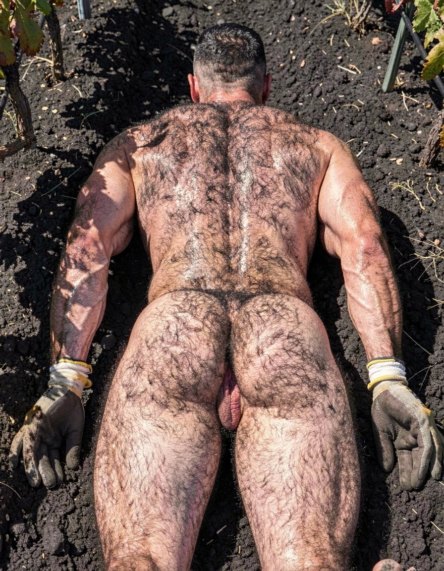 In the harsh direct midday Mediterranean sun of a Santorini vineyard on black volcanic soil between rows of Assyrtiko vines, a massively muscular 32-year-old Greek man named Dimitris lies completely flat and prone, face-down on the scorching dark earth exactly as commanded. Captured strictly from behind in a perfect vertical full-body composition with no cropping, the view shows the back of his head with short jet-black hair sharply faded on the sides, his thick powerful neck, and his enormously wide muscular back completely covered in dense matted black body hair glistening with sweat and lightly dusted with volcanic soil. His competition-level physique at 5% body fat is pressed hard against the ground, spreading his massive lats and traps, with veiny arms stretched forward and dirty grey work gloves with yellow and white stripes digging into the dirt. His thick round extremely hairy glutes face upward toward the viewer, slightly parted by the prone position to clearly expose his freshly fucked asshole still red, gaping, slick and wet with saliva and fluids. His powerfully developed hairy legs are stretched straight and tense behind him, large bare feet filthy and partially buried in the black volcanic soil at the bottom of the frame. Brutal overhead sunlight creates intense specular highlights on every bead of sweat and wet black body hair while casting deep dramatic anatomical shadows that accentuate every striation, vein and curve of his back, shoulders, ass and legs. Raw masculine post-sex atmosphere, hyper-realistic full-body vertical photograph, flawless anatomy and proportions, razor-sharp photorealistic detail, cinematic lighting, glistening sweat mixing with volcanic dust on his surrendered body.