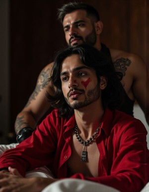 Un hombre de 55 años con cabello largo y oscuro, ojos marrones y piel suave, arrodillada en el suelo con las manos juntas en actitud de súplica, viste  calzoncillo negro y una blusa de encaje rojo que deja ver parte de sus senos, lleva un collar de cuero con una placa de metal que tiene grabado el nombre de su amo, tiene los labios pintados de rojo y los ojos maquillados con sombra oscura, su mirada es de sumisión y deseo, su amo, un hombre de 40 años con barba y cabello gris, vestido con un traje negro y corbata roja, se encuentra de pie detrás de ella, con una mano en su hombro y la otra en su cadera, ejerciendo control sobre ella, la escena es de un dormitorio lujoso con paredes de madera oscura y una cama grande con sábanas de seda, iluminada con luz suave y cálida, hyper-realistic photo con alta calidad de detalles.