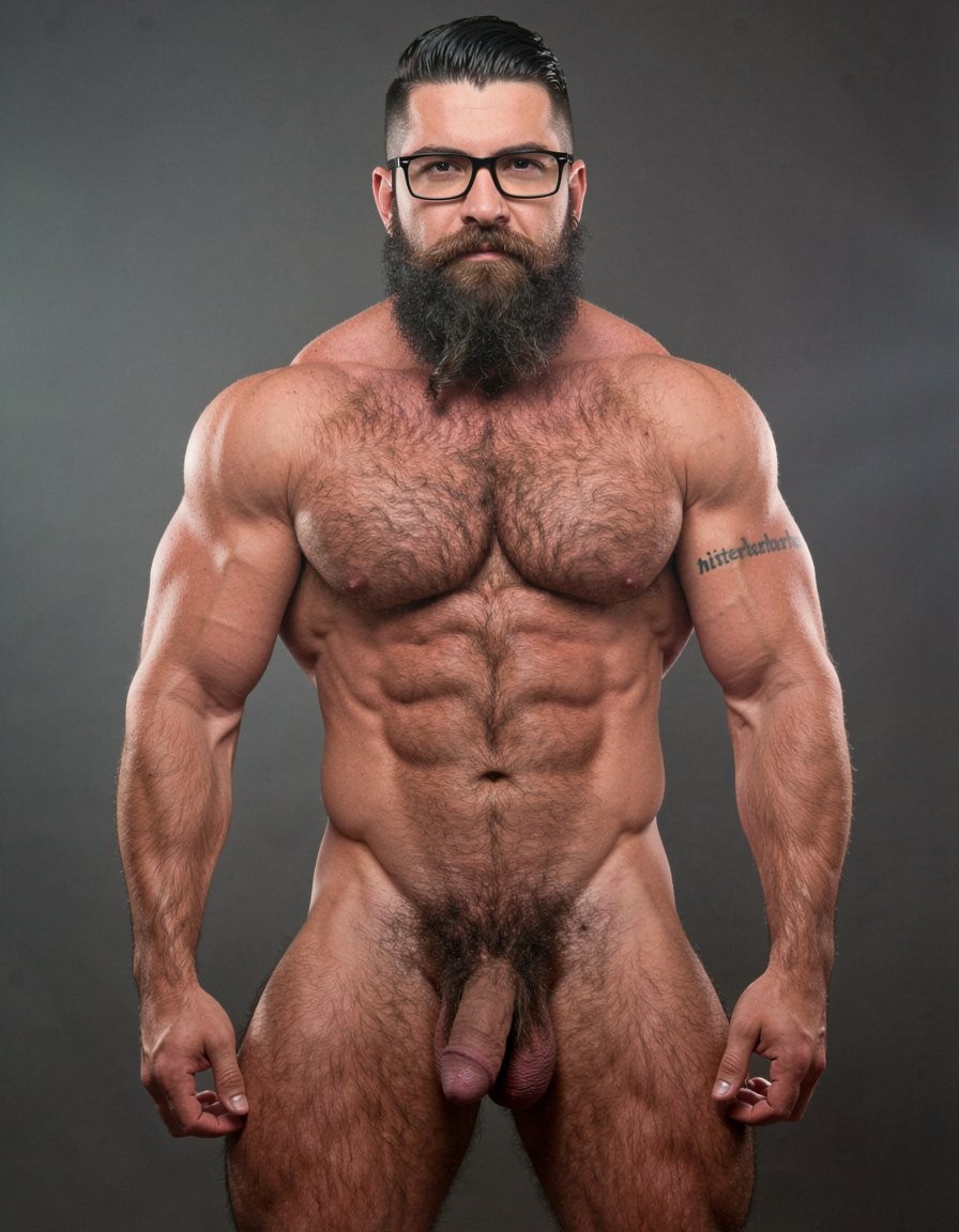 A highly detailed full-body nude photograph of a 40-year-old dominant muscle bear named Hipsterbarba, standing confidently in a well-lit studio with dramatic lighting that accentuates every muscle. He is 180cm tall, 80kg with 8% body fat, extremely muscular and symmetrical. Massive rounded hairy pecs with clear separation and dark pointed nipples, shredded six-pack abs with deep cuts and visible obliques forming a strong V-taper, wide shoulders, vascular arms, huge quads and defined legs. Very dense black masculine body hair covering his chest, running down in a thick treasure trail to a very bushy dark pubic area. He has a perfectly groomed long Bandholz beard that reaches mid-chest, thick mustache with curled upward spiral ends, modern high fade undercut hairstyle, black hipster glasses, and a small tattoo on his right bicep that reads 