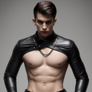 Joven dominante sin camisa pantalon cuero ajustado 