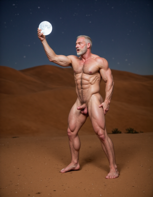 Enrique es un hombre muy delgado de 50 años, tiene cabello largo con canas blancas, tiene barba blanca abundante y larga. Está totalmente desnudo, en su mano derecha lleva una bola de 10 cm de diámetro de cristal mágica y está iluminada reflejando un pene, eleva la bola hacia el cielo ofreciéndola a la Luna. Enrique tiene un cuerpo muy delgado con músculos marcados y definidos. 💪🏼. Tiene un pene erecto de 36,8 cm de longitud y 7,9 cm de diámetro. Tiene mucho vello corporal blanco en su pecho, tiene mucho vello en sus brazos y tiene mucho vello en sus piernas. Está en la arena del desierto entre grandes dunas de arena color terracota. Tiene la piel morena bronceada por el Sol. Tiene sandalias en sus pies. Está mirando a la Luna mientras levanta la palma de la mano derecha señalando la Luna 🌓 . Tiene la boca entreabierta. Tiene la mano derecha sobre su pene y está masturbándose 