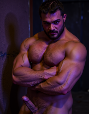 Rodrigo. Hombre musculoso de 30 años, pelo oscuro corto, barba recortada, con cara con expresión de rabia y humillación en el rostro, ojos entrecerrados de dolor y furia, mandíbula apretada, cuerpo muy delgado desnudo con músculos definidos, pectorales y abdominales marcados, piel bronceada con sudor, brazos musculosos tensos, manos apretadas en puños, tiene pene de 35cm de longitud y 9cm de diámetro erecto y en tensión, cuerpo inclinado hacia adelante en posición sumisa forzada, iluminación dramática lateral, fondo violeta oscuro sucio, ambiente oscuro. Una de sus manos rodea su pene masturbando