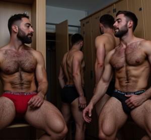 Cuatro hombres velludos de mediana edad en el vestuario, están en calzoncillos, uno se toca el paquete incitando al que tiene a su lado que lo mira con deseo, tienen su mejor momento porque los otros dos se van fuera en ese momento. Luz tenue, miradas lujuriosas