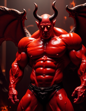 Demonio hipermasculino completamente desnudo, solo tapado por un tanga de cuero, tiene un cuerpo tremendamente musculoso y piel roja brillante, mira al frente con mirada lujuriosa y demoniaca, sus ojos refulgen. Va en busca de viciosos para unirlos a su cohorte demoniaca. 
