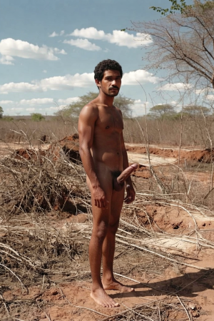 Un hombre desnudo permanece de pie en un paisaje árido y seco, mirando directamente hacia la cámara con expresión seria y postura frontal ligeramente girada de lado. Tiene el pelo rizado oscuro, barba corta y piel morena, con el torso, las piernas y los pies descalzos expuestos bajo una luz solar intensa; su pene está visible en primer plano junto a la mano que descansa cerca del muslo. El entorno parece una zona de matorral o semidesierto, con tierra rojiza, ramas secas, arbustos espinosos, árboles sin muchas hojas y un cielo azul con nubes dispersas, creando una escena natural, cruda y aislada.