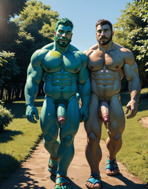 (Hombre 1 de color verde, desnudo, musculoso, tiene pene verde, tiene testículos verdes, tiene mucho vello, tiene pelo verde, tiene barba verde, tiene sandalias verdes, tiene pezones grandes largos y puntiagudos: 2.4.). (Hombre 2 azul, desnudo, musculoso azul, tiene pene color azul, tiene testículos color azul, tiene sandalias azules, tiene mucho vello, tiene pelo azul largo ondulado azul, tiene pezones grandes largos y puntiagudos: 1.9.). Los dos están andando por un camino en el campo. Sale líquido blanco por sus pezones