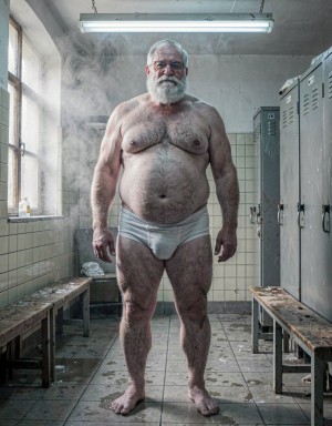 Un hombre maduro de 80 años,CANOSO  muy grande y gordo, posa de pie con slips blancos ajustados que marcan con claridad sus testículos muy gordos bajo la tela tensada. Se encuentra en un vestuario antiguo de azulejos crema, con bancos de madera húmeda, metal frío y un leve olor a jabón, sudor limpio y vapor. La luz principal entra lateralmente desde una ventana alta y es suave, difusa y fría, mientras un tubo fluorescente superior añade un relleno pálido que acentúa el volumen de su cuerpo y las sombras bajo la ropa interior. La escena tiene un tono íntimo, realista y fotográfico.