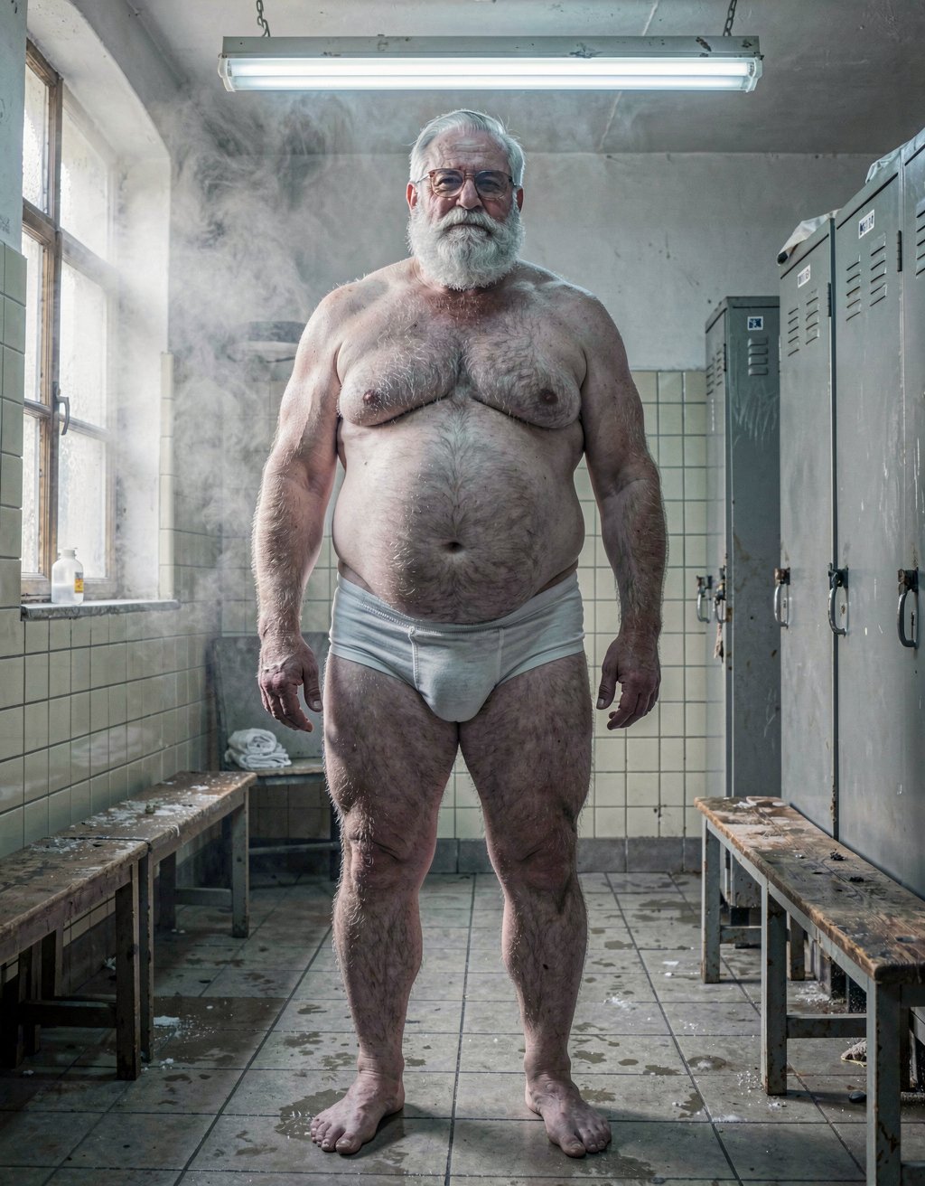 Un hombre maduro de 80 años,CANOSO  muy grande y gordo, posa de pie con slips blancos ajustados que marcan con claridad sus testículos muy gordos bajo la tela tensada. Se encuentra en un vestuario antiguo de azulejos crema, con bancos de madera húmeda, metal frío y un leve olor a jabón, sudor limpio y vapor. La luz principal entra lateralmente desde una ventana alta y es suave, difusa y fría, mientras un tubo fluorescente superior añade un relleno pálido que acentúa el volumen de su cuerpo y las sombras bajo la ropa interior. La escena tiene un tono íntimo, realista y fotográfico.