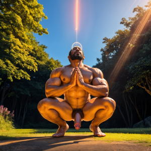 Hombre de 36 años de edad, totalmente desnudo, agachado y enseñando sus músculos bíceps de los brazos. Está al aire libre en un parque verde. Tiene pene grande. Tiene grandes testículos peludos. Tiene aro iluminado de santo en su cabeza. Su aspecto es de bondad. Manos arriba para abrazar. Otro hombre de 46 años de edad, totalmente desnudo, agachado y enseñando sus músculos bíceps de los brazos. Está rezando por el hombre de 36 años desnudo y con polla muy grande. Los dos están separados mirando al cielo. Tienen testículos muy grandes y peludos.