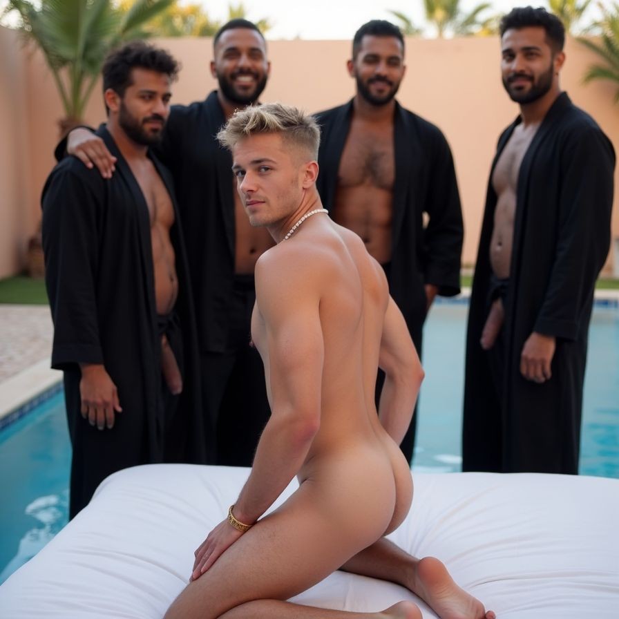 Un hombre rubio desnudo posa de rodillas sobre una colchoneta blanca junto a una piscina, girando el torso hacia la cámara y dejando visible la espalda, los glúteos y las piernas, con una expresión serena y segura. Lleva una cadena en el cuello y una pulsera dorada, mientras detrás de él aparecen cuatro hombres con batas negras abiertas, mostrando el pecho y el abdomen, colocados en grupo alrededor del borde de la piscina. El entorno tiene un aire de sesión fotográfica sensual al aire libre, con agua azul, jardín, palmeras desenfocadas y luz cálida de atardecer que resalta los cuerpos y la composición elegante.