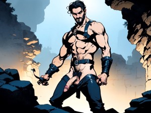 Hombre maduro, mediterráneo, cabello oscuro y canoso, pene visible, rostro enjuto, mirada desafiante, viste arnés de cuero negro desgastado, grilletes en manos y pies, contra pared húmeda de piedra, tensión contenida, sombras danzantes, iluminación dramática, atmósfera opresiva.
