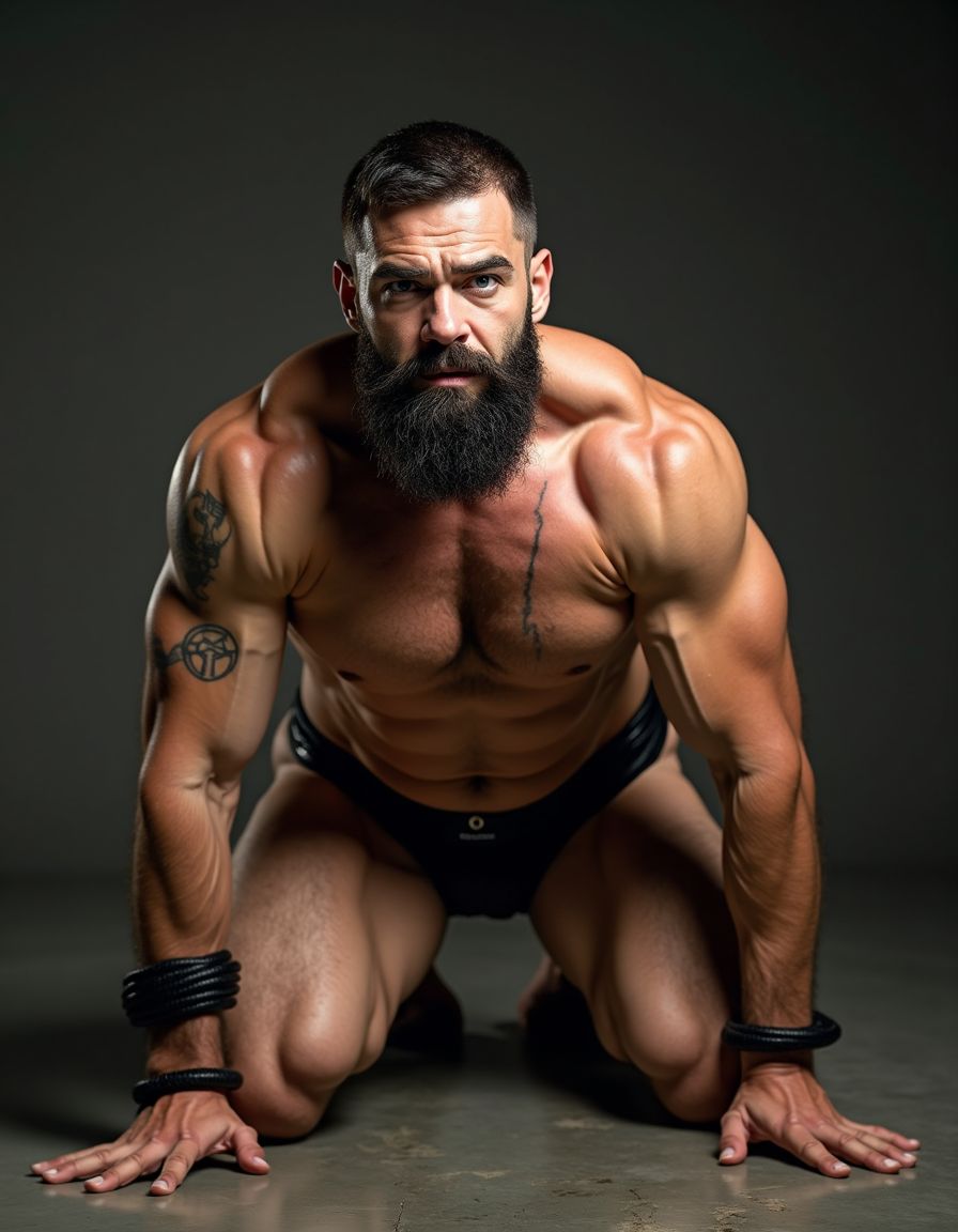 Hombre maduro de 50 años, 1.90m de altura, con un cuerpo musculoso y extremadamente marcado, pectorales grandes y cuadrados, abdominales six-pack profundos, brazos gruesos y venosos, hombros anchos, trapecios marcados, piel blanca bronceada, pelo muy corto, barba negra densa perfectamente recortada cubriendo mandíbula cuadrada, ojos celestes con mirada penetrante desafiante, rasgos faciales masculinos y angulosos, nariz recta, cejas gruesas, vello corporal negro medio en pecho bajando por abdomen, tatuajes en brazos y torso, manos atadas detrás de la espalda con cuerdas gruesas negras, collar de cuero negro con argolla de metal plateado al cuello, torso desnudo brillante de sudor con marcas de latigazos cruzando la espalda y hombros, expresión de sumisión forzada pero con actitud alfa contenida, mandíbula apretada, músculos tensos y flexionados, piernas musculosas con muslos prominentes, pene grande de 24 cm de longitud y 8 cm de diámetro en erección, el tio se encuentra en 4 patas como si fuese un perro y lamiendo el piso. La fotografía es hiperrealista 8K, capturando todos los detalles del cuerpo musculoso y la escena de sumisión y exhibicionismo.
