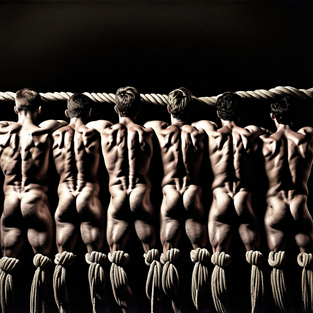 Six naked men appear from behind, lined up shoulder to shoulder in a dark, theatrical composition, with a thick horizontal rope passing in front of their necks and upper backs. The side lighting intensely highlights the defined musculature of shoulders, lats, spine, buttocks, and legs, creating strong contrasts of light and shadow on the skin. In the lower part, several thick knotted ropes hang vertically in front of their bodies, reinforcing an aesthetic of tension, physical discipline, and artistic bondage. The black background and symmetrical arrangement add a dramatic, sculptural, and carefully choreographed tone.