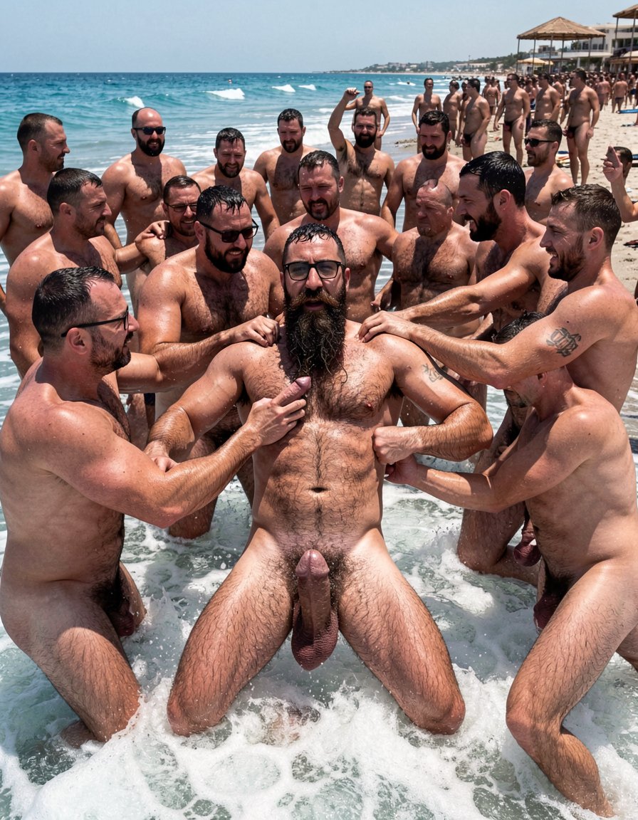 Photorealistic cinematic scene at El Playazo nudist beach, Vera Playa, Almería, under intense bright midday Mediterranean sun with turquoise waves and white-pink foam crashing violently around a massive chaotic orgy in the sea. In the exact center is Hipsterbarba, 40 year old Spanish muscle bear, 180cm, 80kg, 8% body fat, completely shredded dry six-pack with deep cuts and visible linea alba, dense black wet chest hair matted to his skin, treasure trail running down to thick black pubes, rounded developed pecs with hard dark nipples, broad shoulders, highly vascular muscular arms with small black tattoo “hipsterbarba” on right bicep, powerful thick hairy legs with perfectly defined quads, hamstrings, adductors and calves, modern high fade undercut hairstyle soaked in seawater, extremely long perfectly groomed Bandholz beard reaching almost to mid chest completely drenched and dripping, thick mustache with longer ends curled upwards in elegant spirals, black hipster horn-rimmed glasses. He is being gangbanged hard in the chest-deep water: one muscular hairy Latino of 38 is brutally fucking his ass from behind with a thick veiny cock, another huge black muscular man is face-fucking him deep down the throat while gripping his long wet beard with both hands like a leash, several other massive muscular hairy men of all sizes, skin tones and nationalities (Spanish, German, Italian, etc.) surround him tightly, all completely naked, thrusting their enormous hard cocks into him, rubbing them against his body, chest, abs, beard and balls, fingering his hole alongside the cock inside him, stroking him and using every part of his body. More than fifty additional extremely muscular and hairy macizos of all body types and ethnicities have joined the orgy in the water, fucking each other and Hipsterbarba in a wild chaotic pile, bodies pressed together, cocks plunging in and out, water splashing violently with every thrust, groans and shouts echoing. All men are flushed, sweating, extremely horny, with dense wet body hair, heavy swinging balls and rock-hard cocks. Hyper-detailed realistic wet skin textures, every individual body hair and drop of water visible, sharp focus, raw explicit massive gangbang atmosphere, authentic Mediterranean midday lighting, chiringuito El Pirata visible in the sunny background with even more naked men watching and stroking from the shore. Maximum photorealism, cinematic composition.