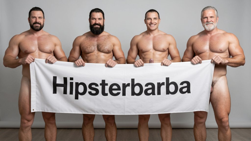 Four naked muscular men holding banner text (Hipsterbarba amor) ultra high quality 8K photorealistic: El Comandante Spanish military leader 45 years short gray hair stern commanding face muscular trained body 185cm 85kg standing far left holding left edge of banner with both hands completely naked massive erect uncircumcised penis 25cm thick veiny shaft visible below banner heavy balls alpha dominant stance, Soldado Bartolo Spanish soldier 35 years thick dark full beard short hair very hairy muscular chest arms legs groin 180cm 80kg standing center-left holding banner completely naked large erect uncircumcised penis 18cm thick visible hairy balls masculine hairy build playful smirk, Superman alien superhero 195cm 100kg perfect bronzed smooth hairless skin short black hair with characteristic curl bright blue eyes massive superhuman muscles standing center-right holding banner completely naked enormous erect penis 23cm steel hard thick shaft visible smooth heavy balls god-like physique confident smile, General Rodolfo Castaños 60 years short gray military hair thick gray mustache experienced muscular body 175cm 75kg standing far right holding right edge of banner completely naked thick erect penis 20cm visible mature heavy balls military bearing knowing expression, all four men standing in horizontal row full body visible head to feet holding between them large white fabric banner at chest level with bold black letters spelling Hipsterbarba ¿follamos? question mark clearly readable professional typography banner stretched tight all four erect penises balls completely visible below banner military office background professional studio lighting 8K photorealistic resolution masterpiece quality inviting expressions.