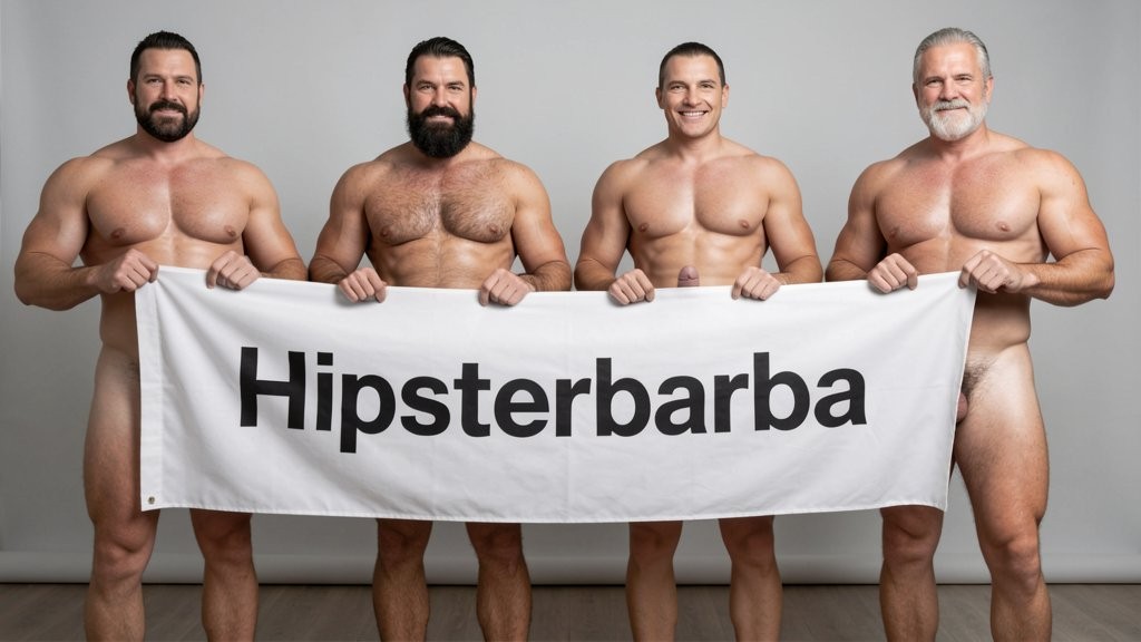 Four naked muscular men holding banner text (Hipsterbarba amor) ultra high quality 8K photorealistic: El Comandante Spanish military leader 45 years short gray hair stern commanding face muscular trained body 185cm 85kg standing far left holding left edge of banner with both hands completely naked massive erect uncircumcised penis 25cm thick veiny shaft visible below banner heavy balls alpha dominant stance, Soldado Bartolo Spanish soldier 35 years thick dark full beard short hair very hairy muscular chest arms legs groin 180cm 80kg standing center-left holding banner completely naked large erect uncircumcised penis 18cm thick visible hairy balls masculine hairy build playful smirk, Superman alien superhero 195cm 100kg perfect bronzed smooth hairless skin short black hair with characteristic curl bright blue eyes massive superhuman muscles standing center-right holding banner completely naked enormous erect penis 23cm steel hard thick shaft visible smooth heavy balls god-like physique confident smile, General Rodolfo Castaños 60 years short gray military hair thick gray mustache experienced muscular body 175cm 75kg standing far right holding right edge of banner completely naked thick erect penis 20cm visible mature heavy balls military bearing knowing expression, all four men standing in horizontal row full body visible head to feet holding between them large white fabric banner at chest level with bold black letters spelling Hipsterbarba ¿follamos? question mark clearly readable professional typography banner stretched tight all four erect penises balls completely visible below banner military office background professional studio lighting 8K photorealistic resolution masterpiece quality inviting expressions.