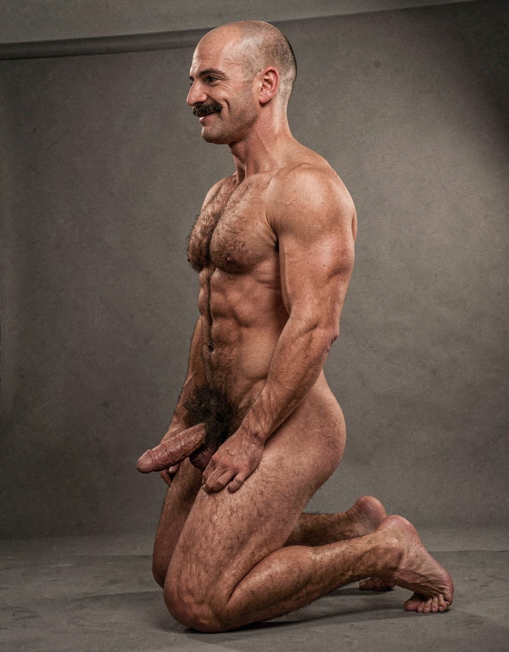 Mike Morris, a 32-year-old extremely lean Caucasian male with only 8% body fat, stands completely naked in a strict military attention pose captured in a full-body exact side profile at 90 degrees from his left side. The shot runs from the tips of his size 44 slightly hairy feet all the way up to the top of his bald head, showing his entire body without any cropping. His physique is dry, highly vascular and powerfully defined: massive square pectorals seen in perfect side silhouette, dense dark brown chest hair forming a thick T-pattern, sharply carved six-pack abs in clear profile, narrow waist, wide lats, powerful thighs and diamond-shaped calves. Dramatic directional studio lighting comes from high and slightly in front of him, creating strong rim lighting that traces the sharp outline of his entire body, the texture of his dense dark body hair on chest, lower back, ass and legs, and deep shadows that accentuate every muscle separation, vein and the extreme dryness of his 8% body fat physique. His advanced Norwood III-IV bald scalp shines under the light, with short dense dark brown hair on the sides and back of his head. His square angular face is shown in pure profile: strong jawline, prominent chin with slight central dimple, thick dark handlebar mustache, heavy brow and intense deep-set brown eye looking straight forward with a serious, commanding expression. His penis is fully visible in perfect side view, completely natural and realistic: thick, 24 cm long when fully erect, with a natural slight upward curve, prominent dorsal veins, long foreskin partially covering the pink-red glans, and realistic lighter skin tone. Below it hang his large, low-hanging testicles with wrinkled darker skin and dense dark brown hair. The extremely thick, curly dark brown pubic bush climbs almost to his navel and surrounds the base of his cock and balls generously. Every anatomical detail from his veined hands and forearms to his muscular ass, hamstrings, diamond calves and hairy toes is perfectly proportioned and free of any deformation. Photorealistic, high-contrast, masculine 1970s Colt Studio aesthetic with subtle grainy film texture.  . Está de rodillas. Mike Morris sonríe....