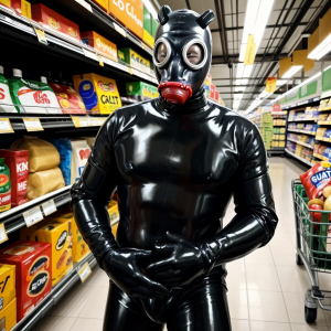 hombre Sumiso total, bdsm latex,de compra supermercado, mascara popper